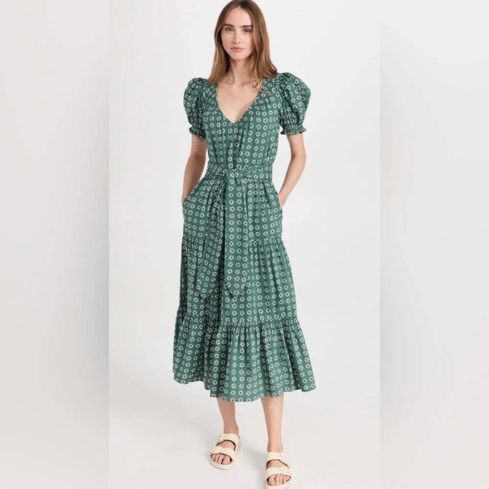 The Great. Dresses | The Great. The Dakota Maxi Dress Daisy Floral Puff Sleeve Sz L 3 Green White | Color: Green/White | Size: L | Pm-87085556's